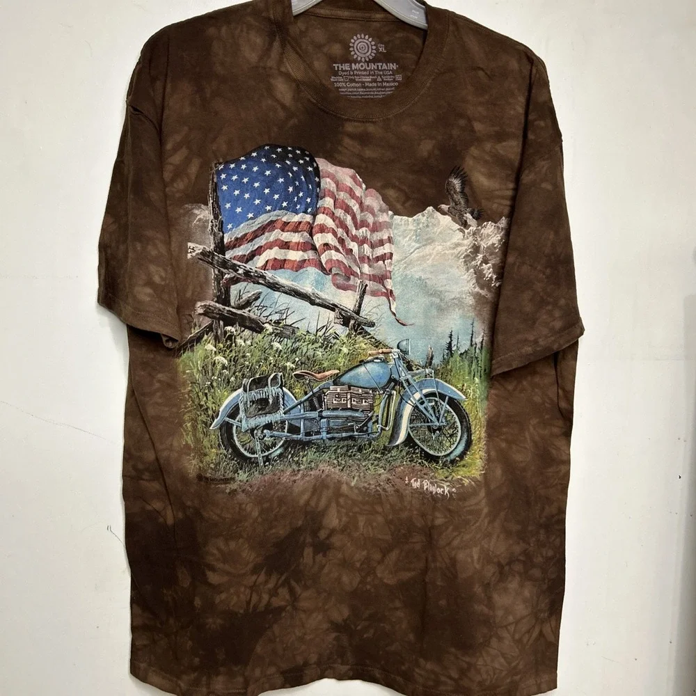 The Mountain Brown Motorcycle Eagle Flag USA Tee Shirt Ted Blaylock‎ Men XL